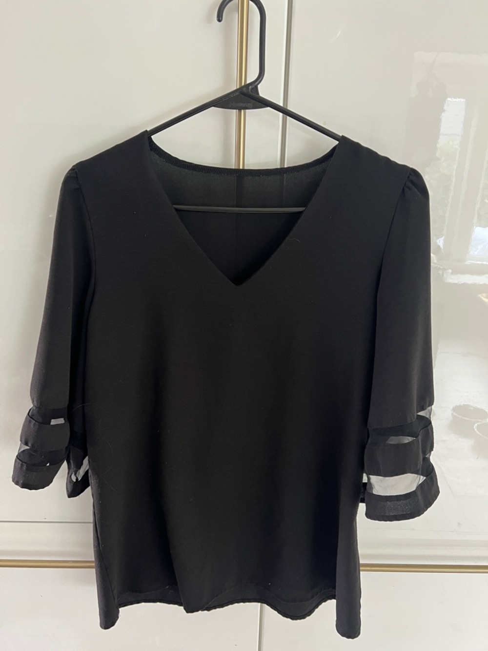 Black V-Neck Sheer Sleeve Blouse